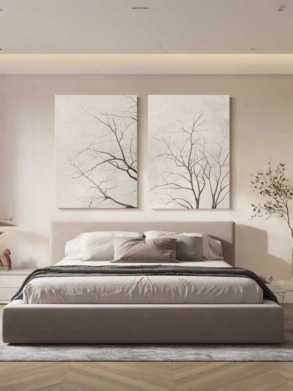 Set Of 2 Neutral Bare Tree Diptych Painting Textured