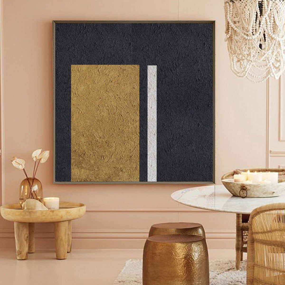Black‑Gold‑White Square Stacked‑Rectangle Block Coarse‑Textured Artwork