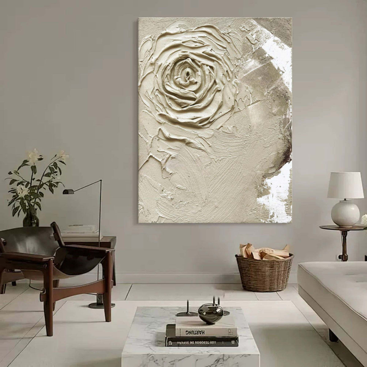 Wabi-Sabi 3D Textured Neutral Tone Rose Oil Painting