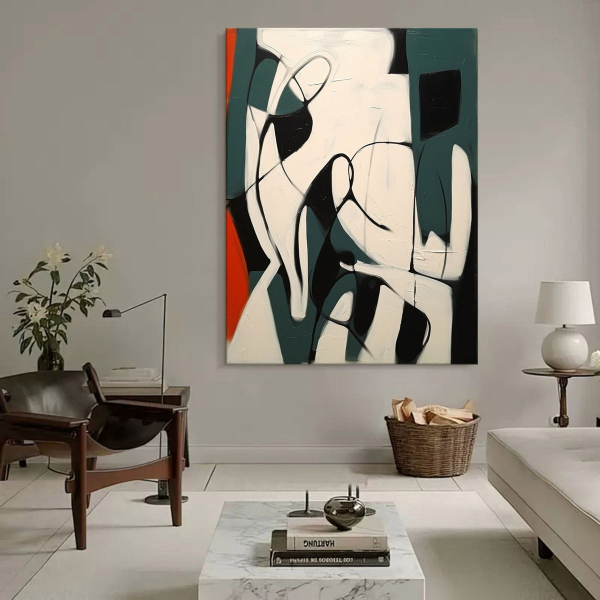 Dynamic Curved Oil Painting Textured Teal Black Red