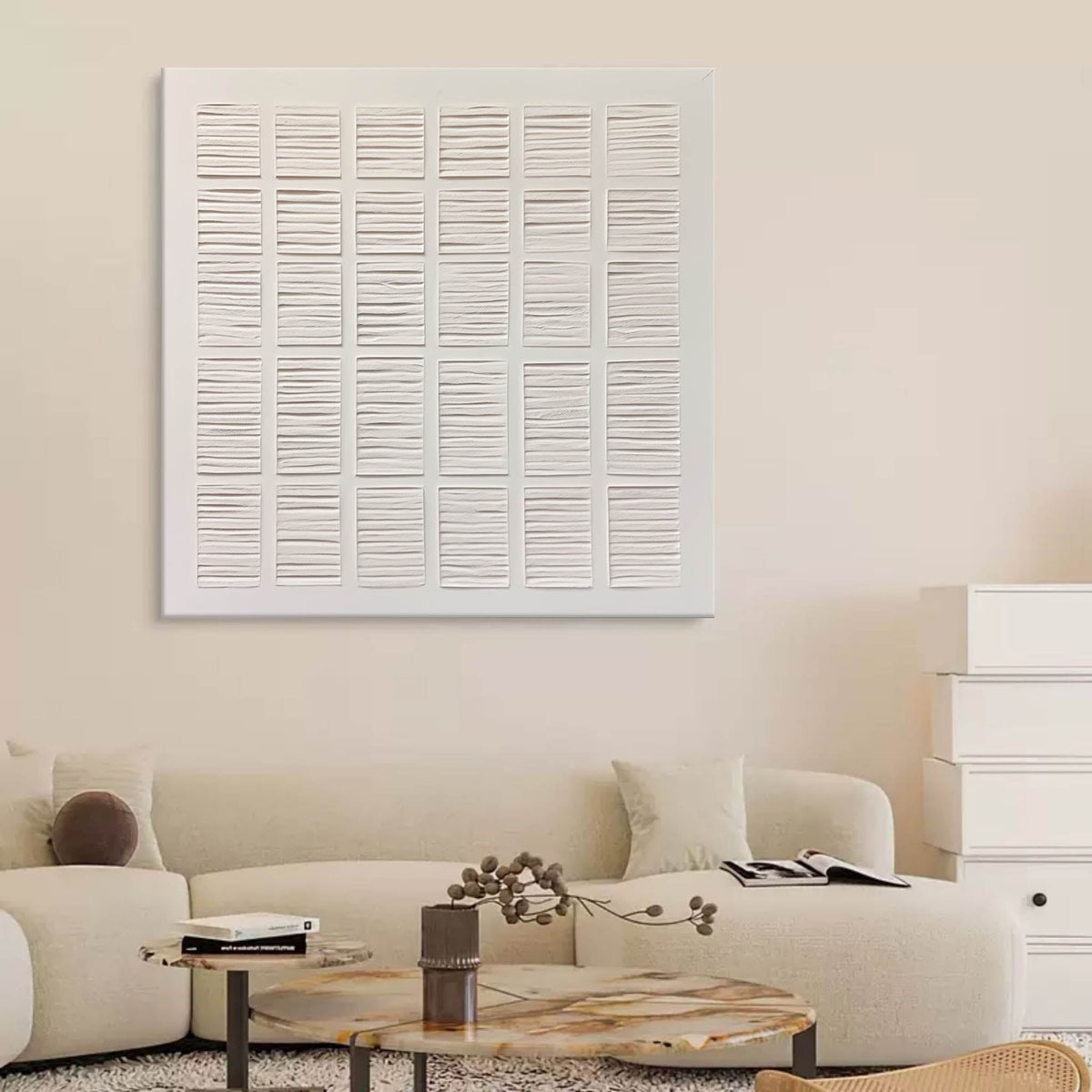 Plaster Texture Painting Neutral Grid Wall Art