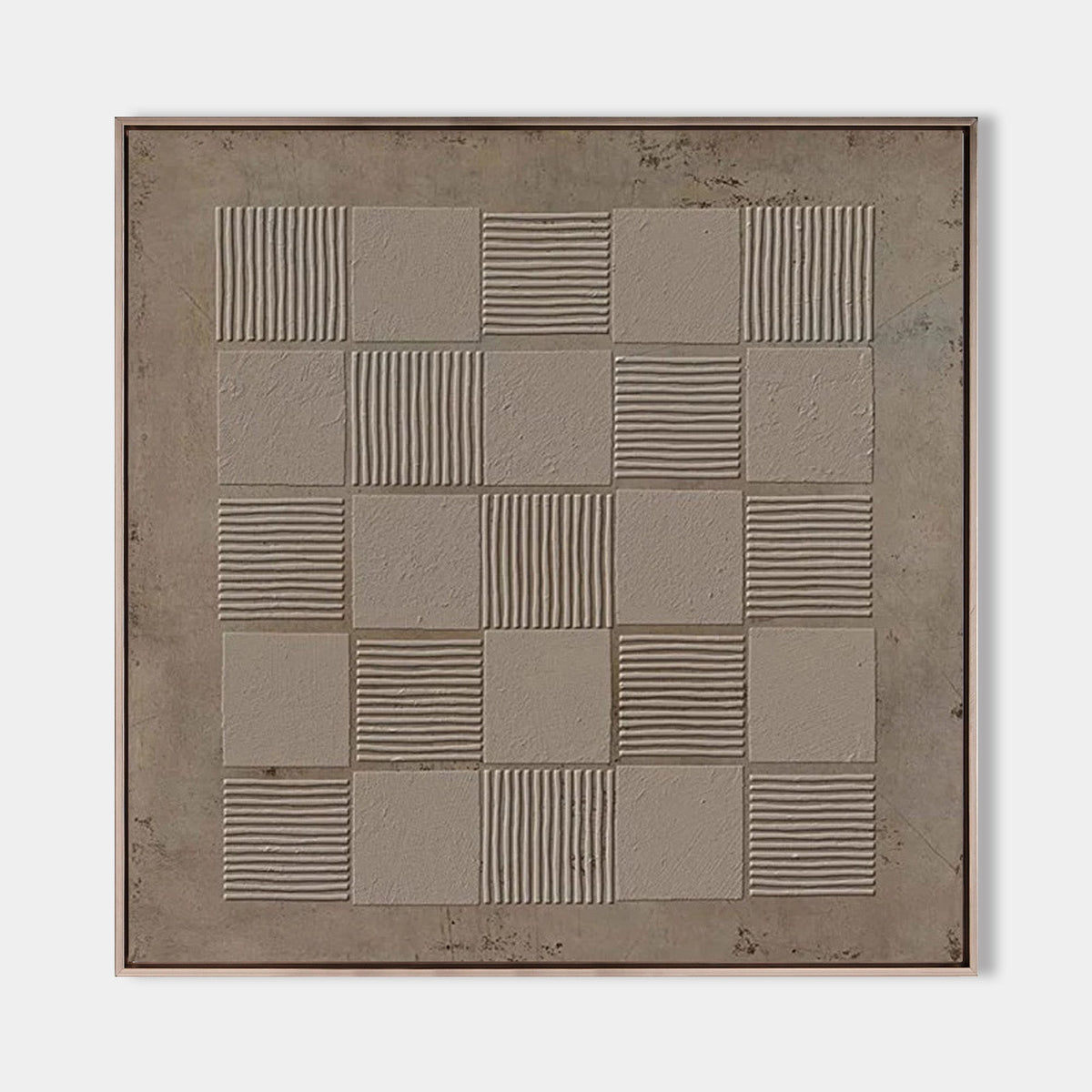 Beige‑Taupe Square Grid‑Line Raised‑Textured Artwork