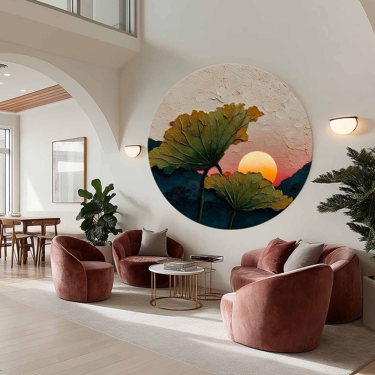 Wall Art Round Lotus Leaves Pink Sunset