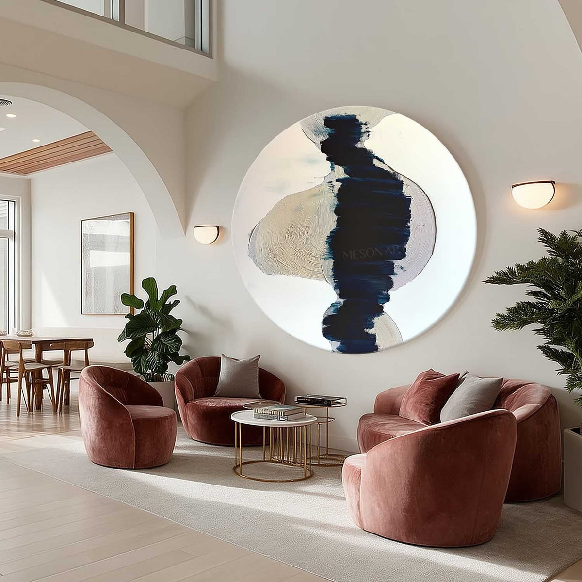Wall Art Round Navy Beige Brushstroke