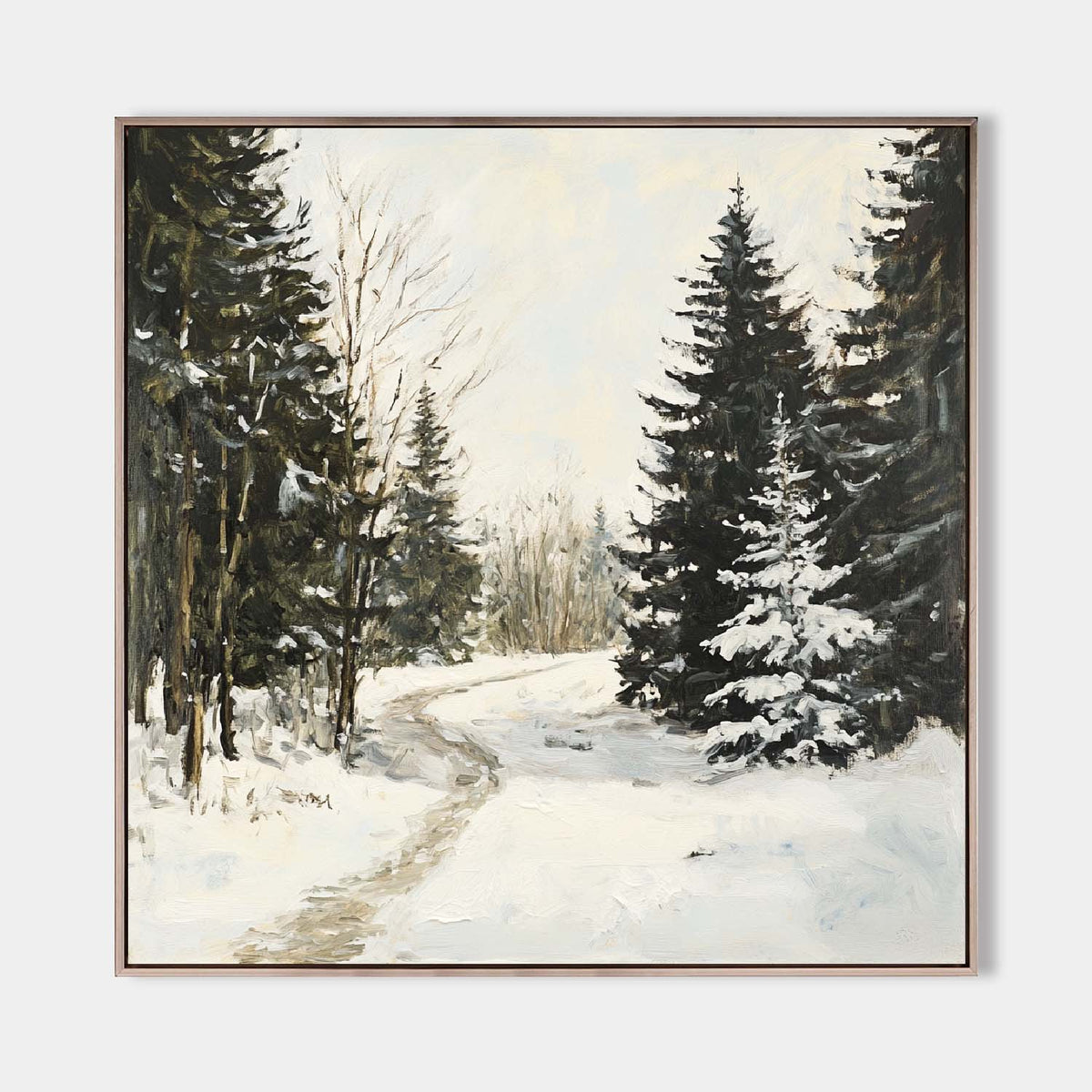 Impressionist Winter Forest Path Oil Painting