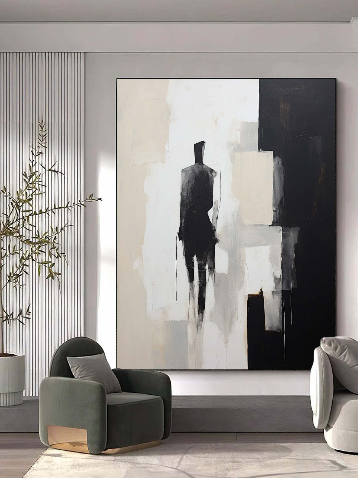 Minimalist Solitary Figure Oil Painting Black Beige Wall Art