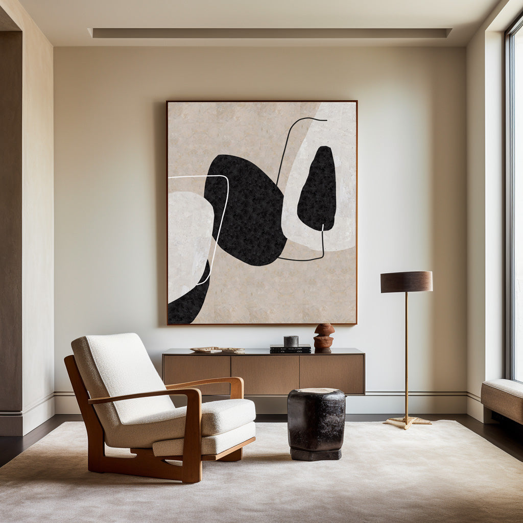Minimalist Black Beige Abstract Oil Painting
