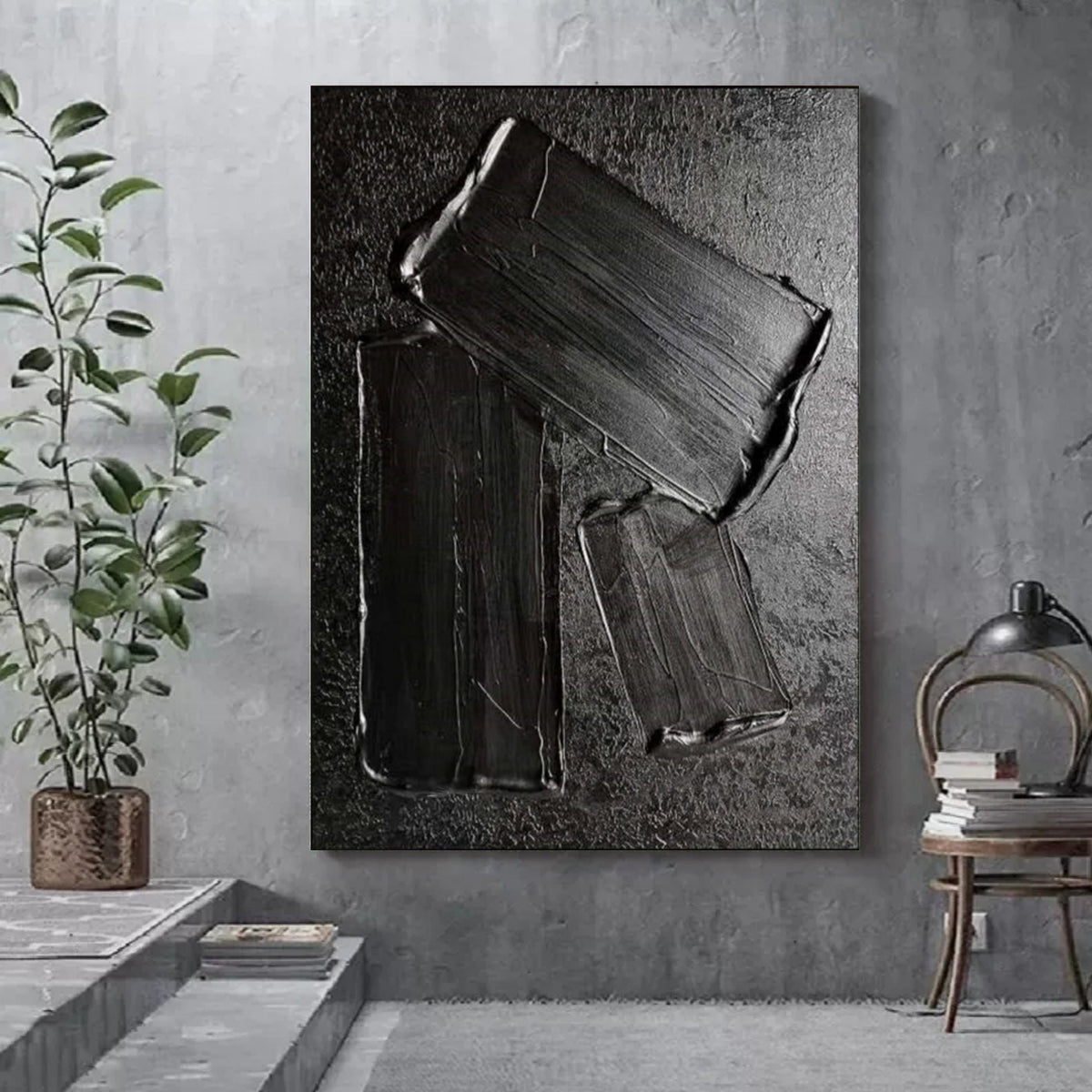 Wabi-Sabi Black 3D Block Textured Abstract Wall Art