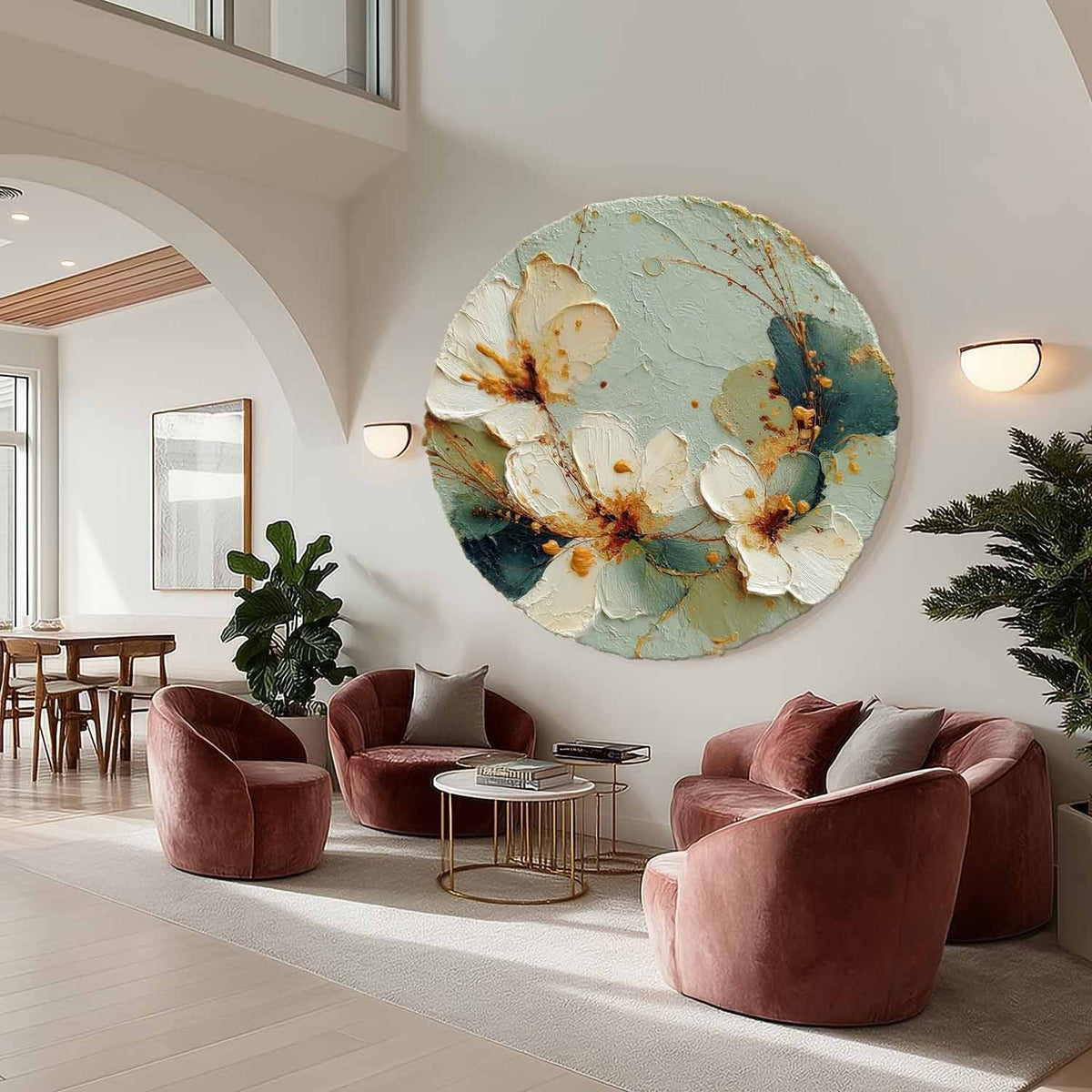 Wall Art Round White Floral Gold Accents