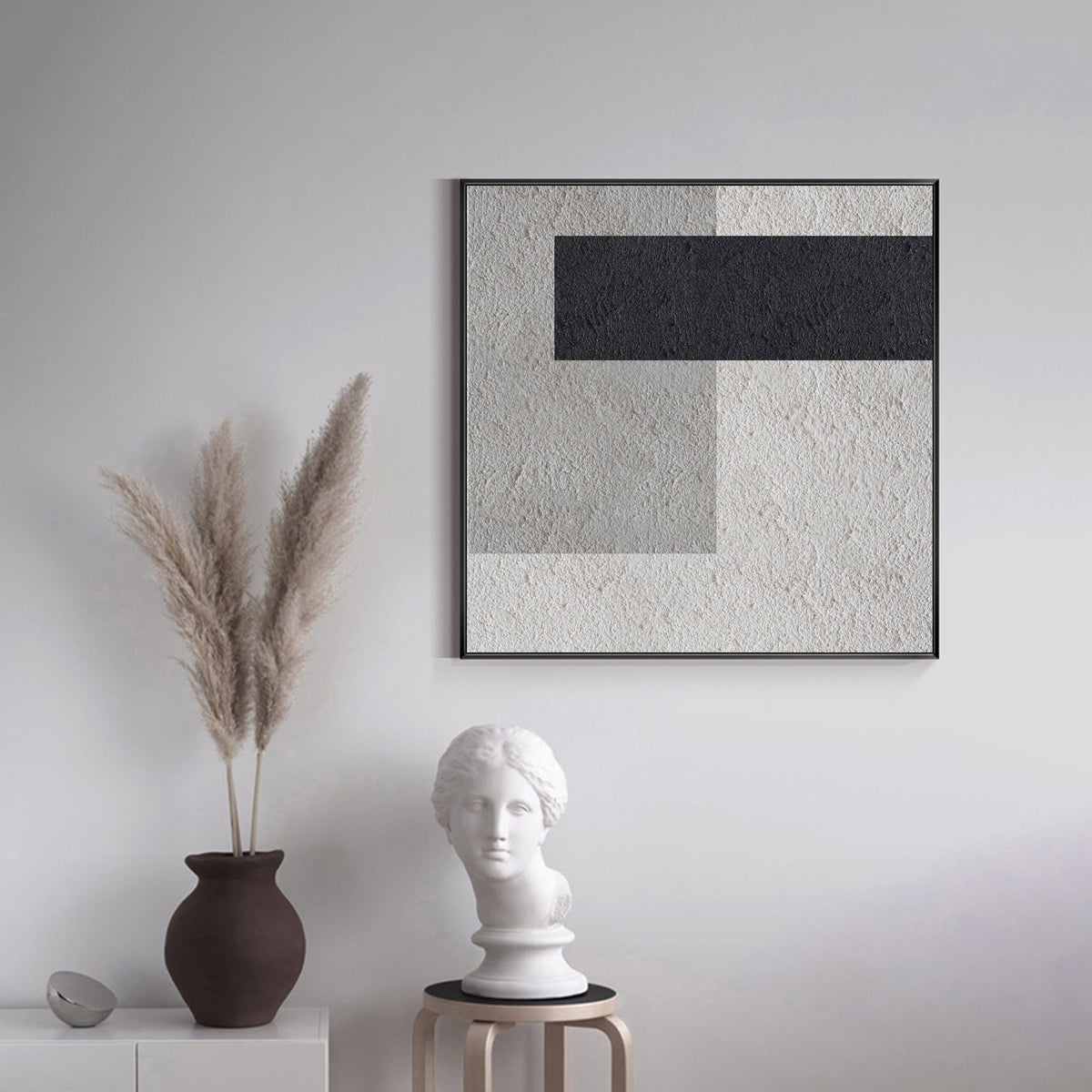 Black‑Grey‑Beige Square Geometric Block‑Segment Contrast‑Textured Artwork