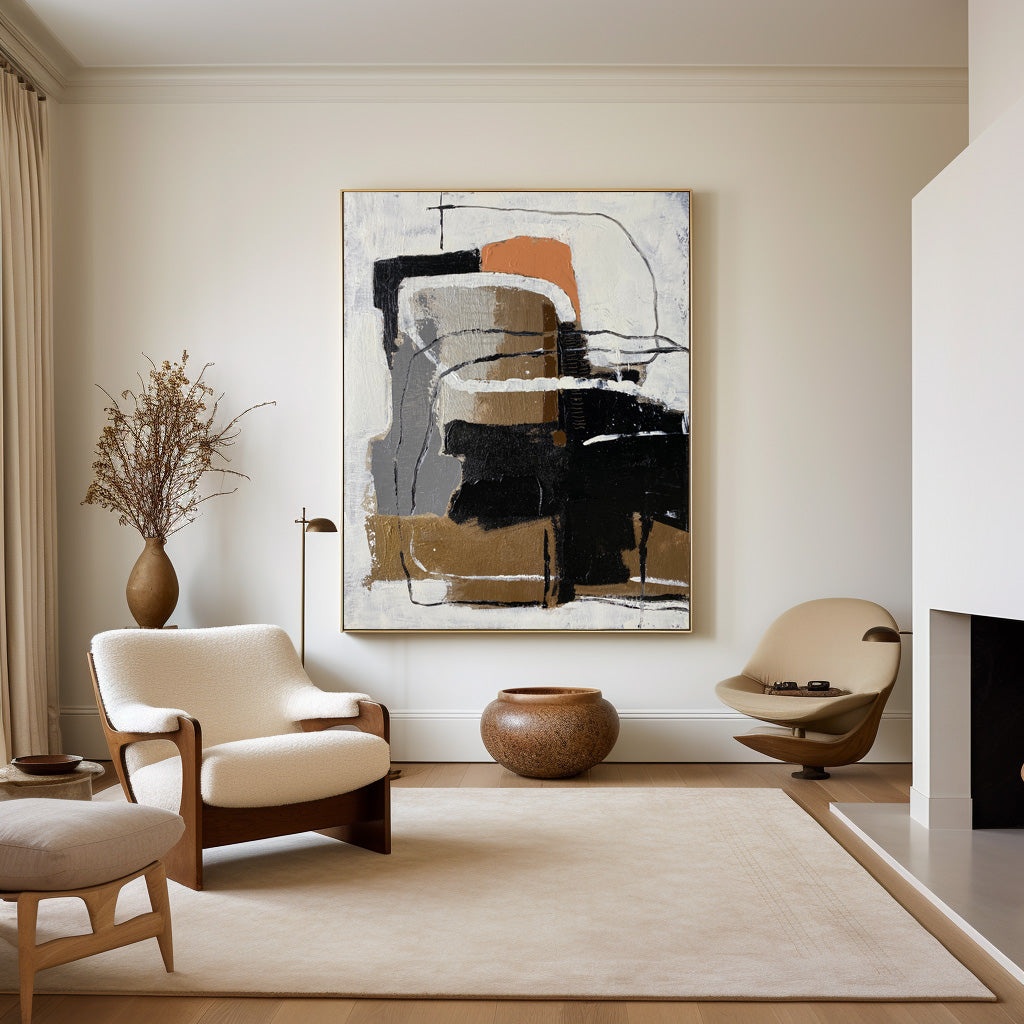 Wabi-Sabi Neutral Abstract Oil Painting with Orange