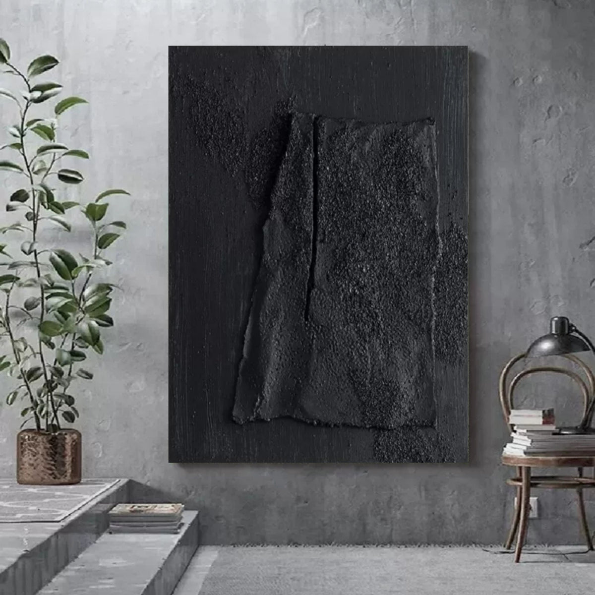 Monochrome Black Textured Abstract Painting
