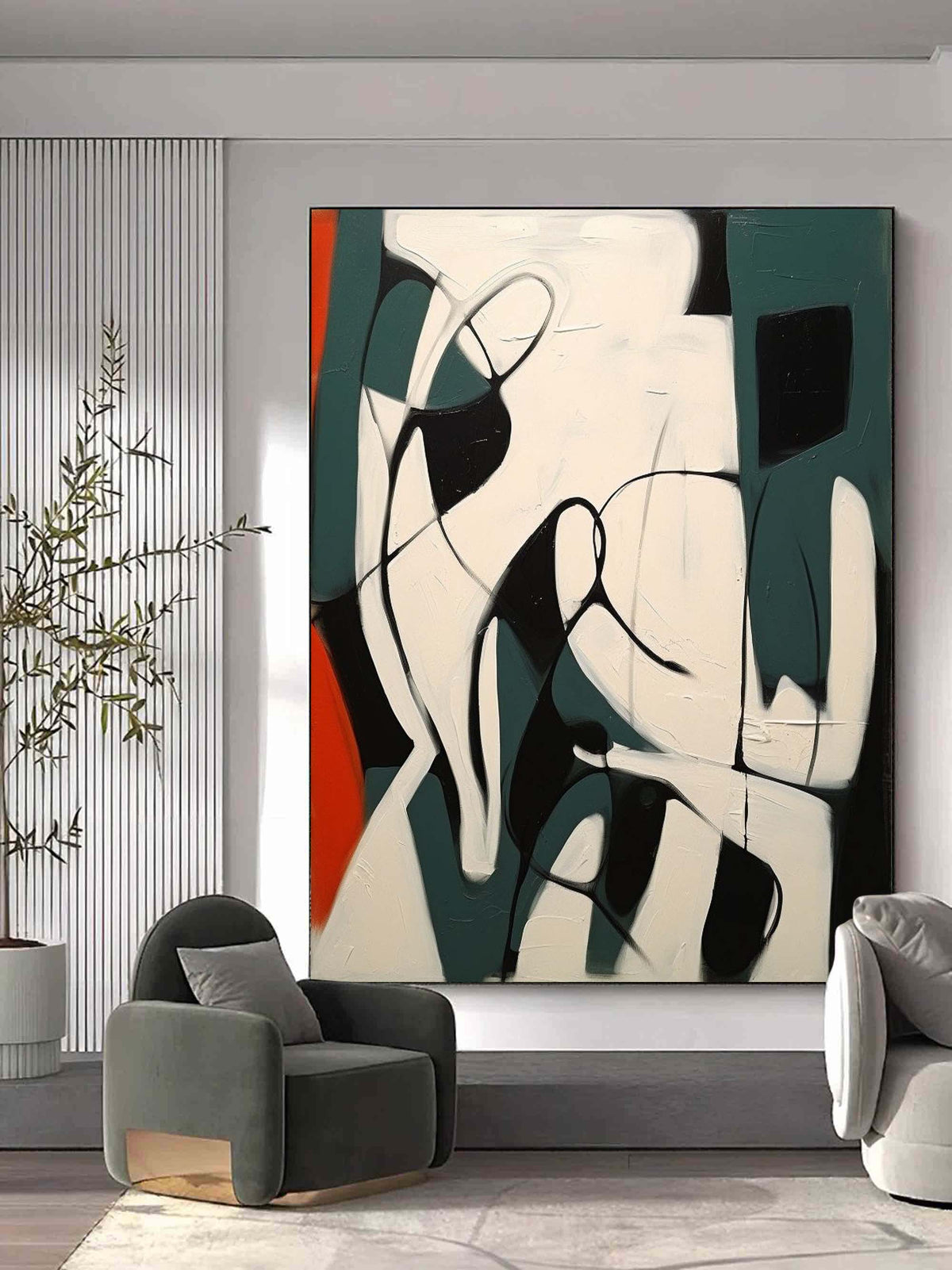 Dynamic Curved Oil Painting Textured Teal Black Red