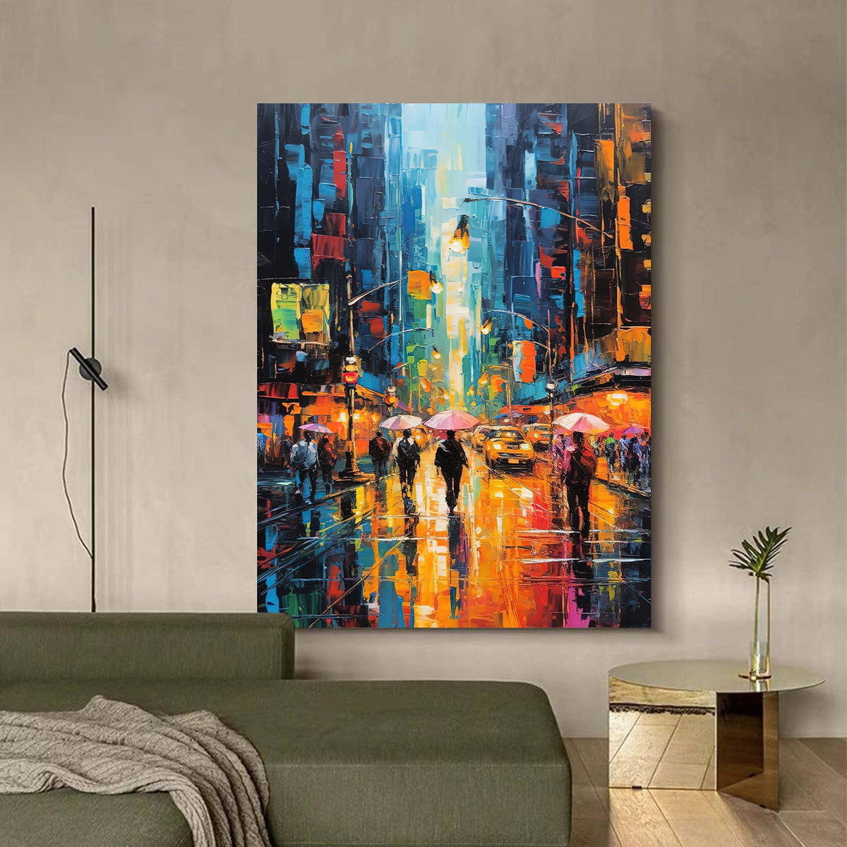 Impasto Cityscape Painting Vibrant Urban Rain