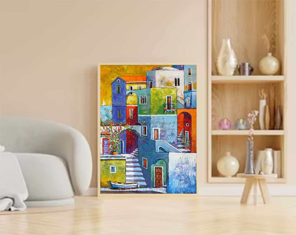 Colorful Mediterranean Coastal Town Oil Painting