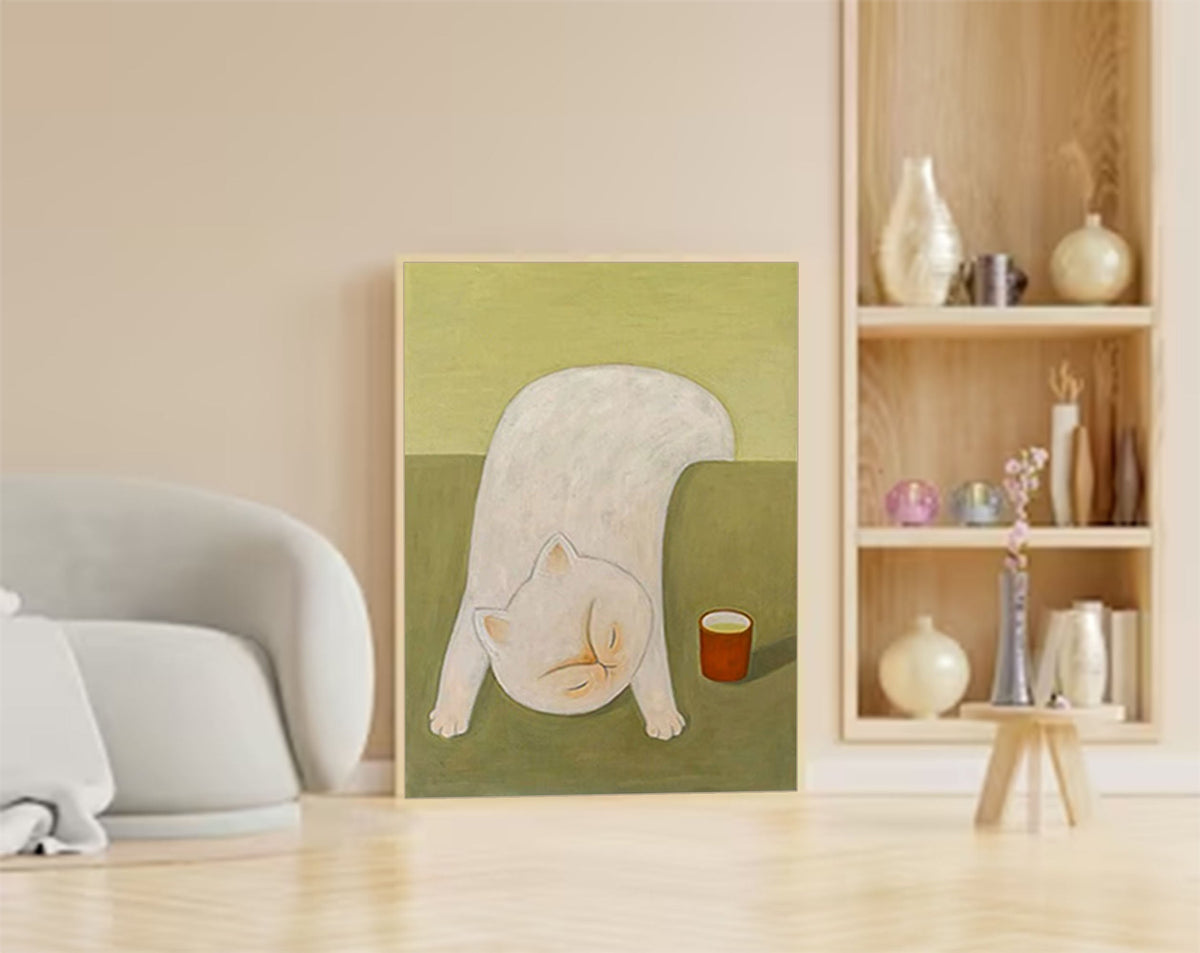 Whimsical Stretching White Cat Cozy Wall Art
