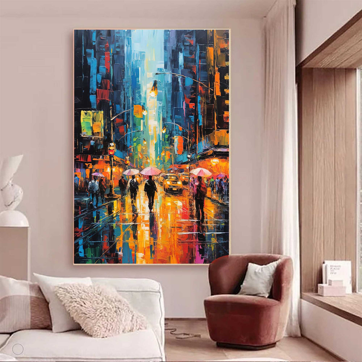 Impasto Cityscape Painting Vibrant Urban Rain
