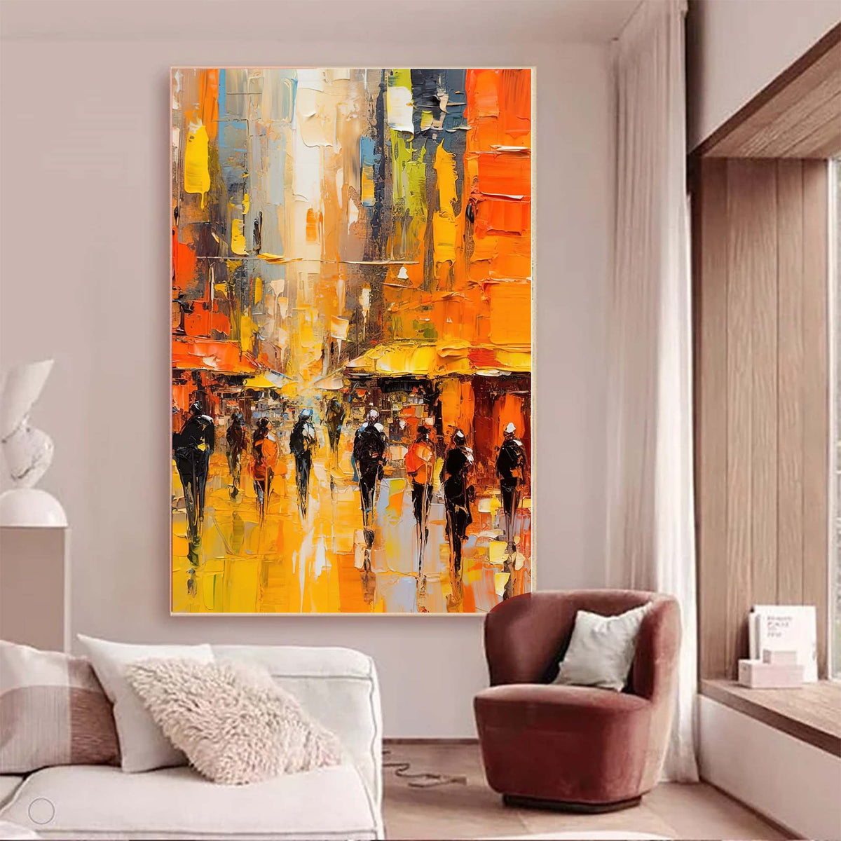 Impasto Cityscape Painting Vibrant Orange & Yellow