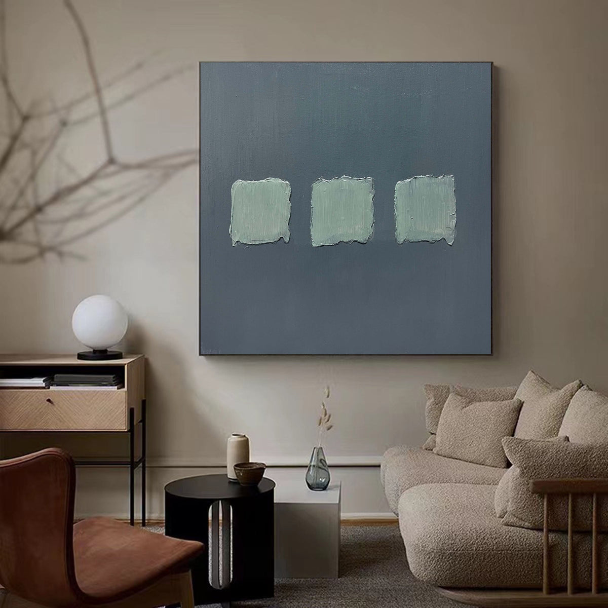 Wall Art Sage Green Textured Squares on Grey Abstract Minimalist Texture Bedroom