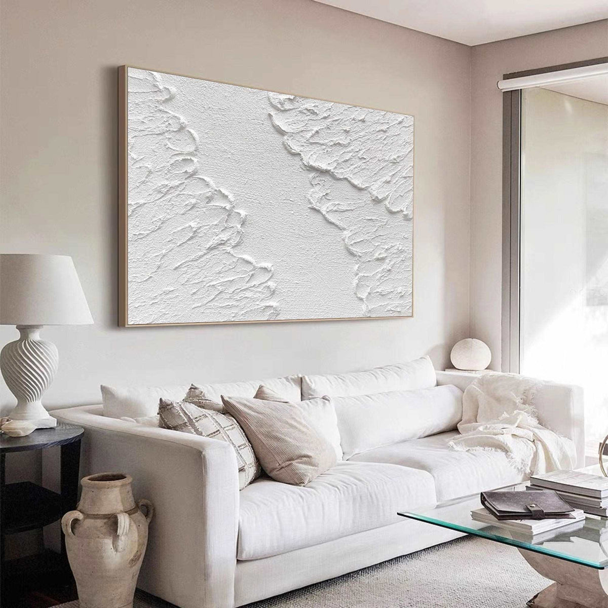 Pure‑White Horizontal Crack‑Relief Plaster‑Textured Artwork