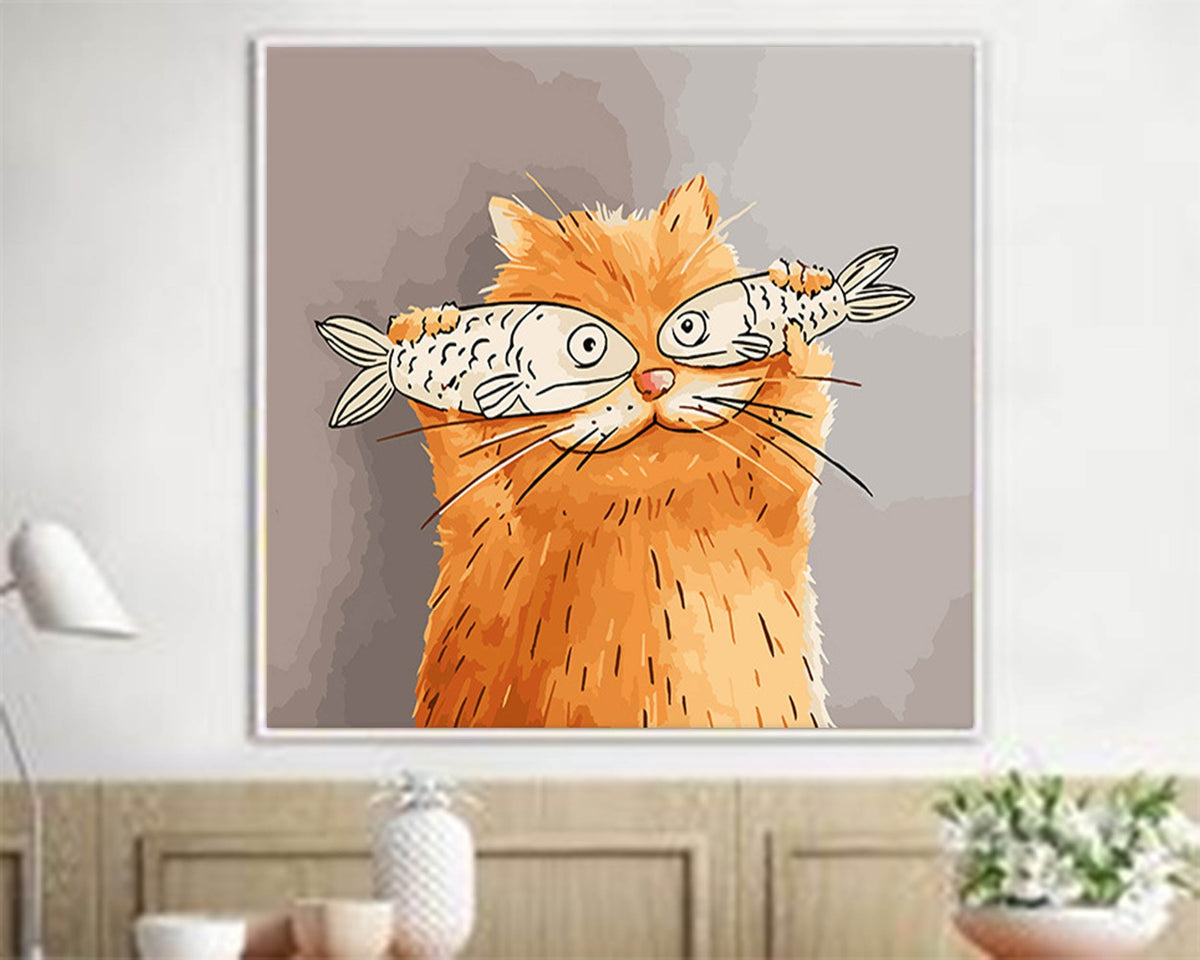 Whimsical Cat Fish Wall Art Playful Orange Cat