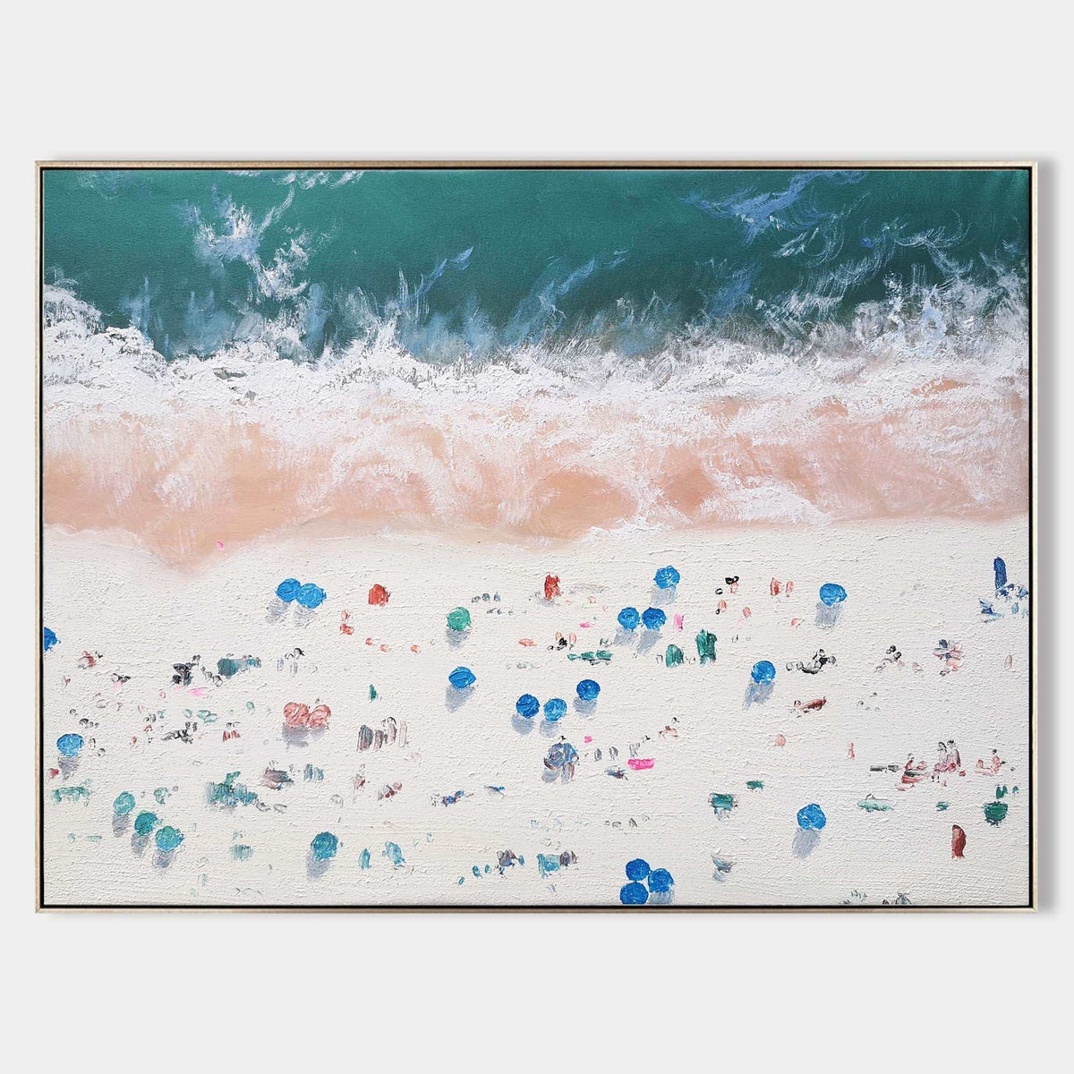 Teal‑Pink‑White Horizontal Beach‑Scene Impasto‑Textured Artwork