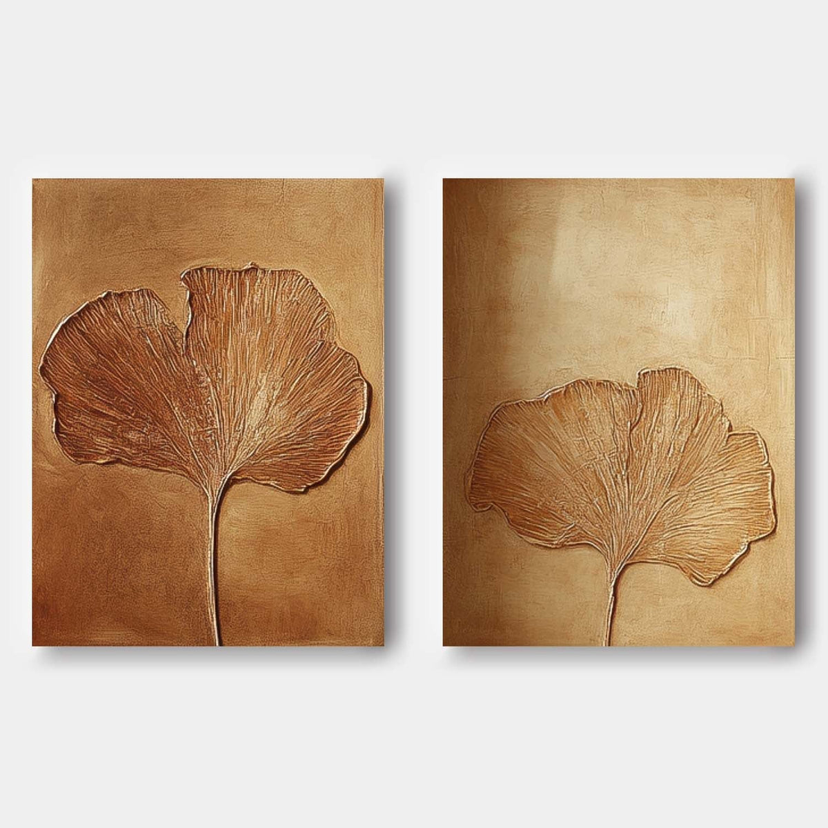 Textured Ginkgo Leaf Diptych Painting Luxurious
