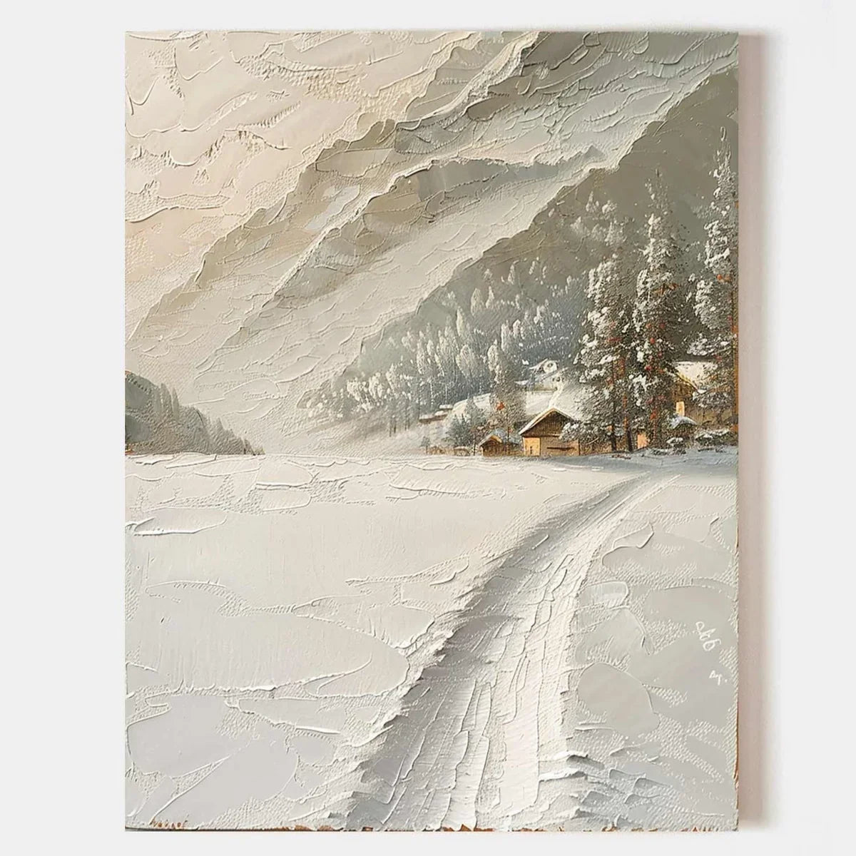 Wall Art Impasto Alpine Winter Cabin