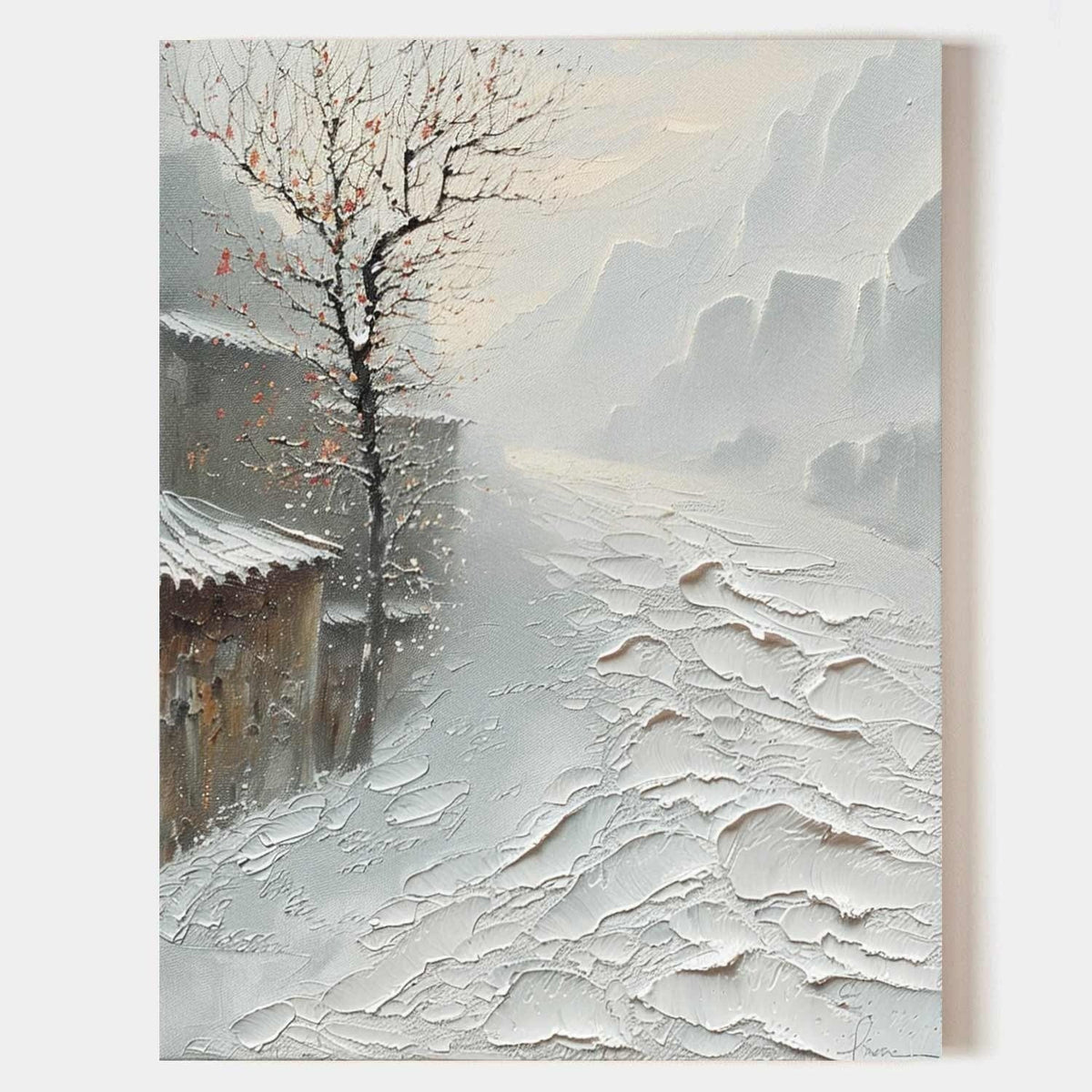 Wall Art Impasto Winter Village Neutral