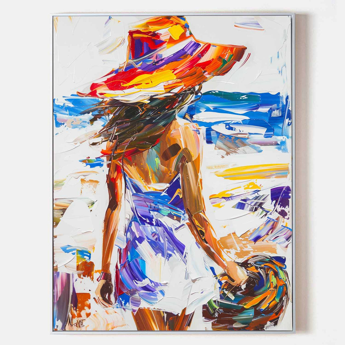 Colorful Hat Woman Beach Oil Painting
