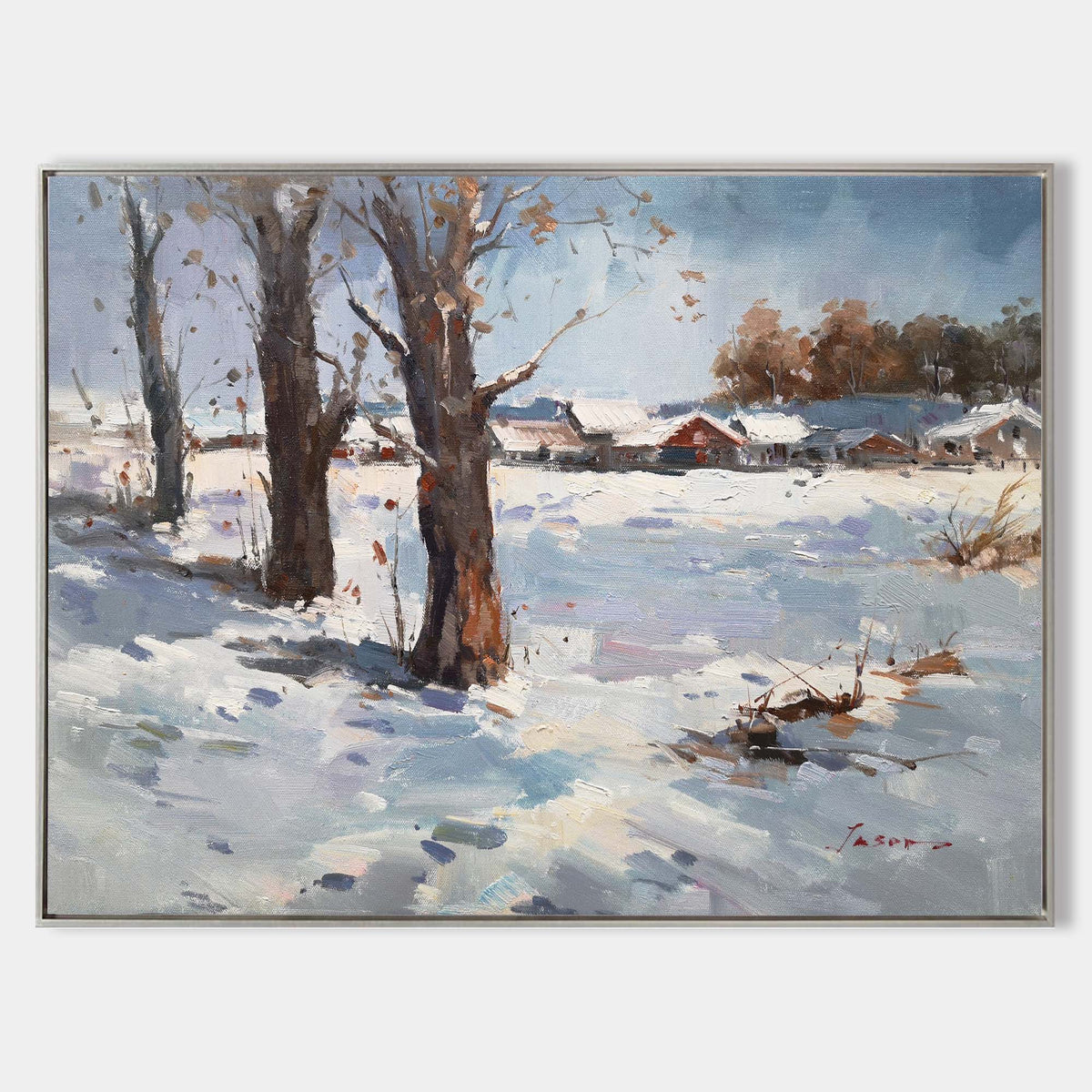 Rustic Snowy Village Winter Landscape Canvas Wall Art