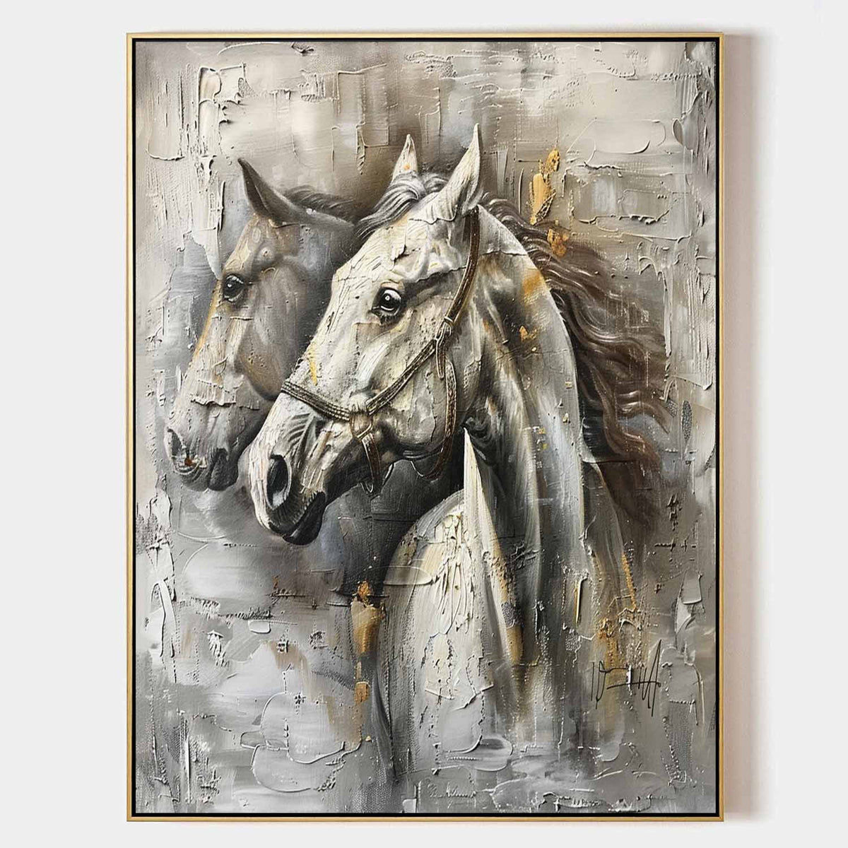 Wall Art Two White Horses Gray Gold