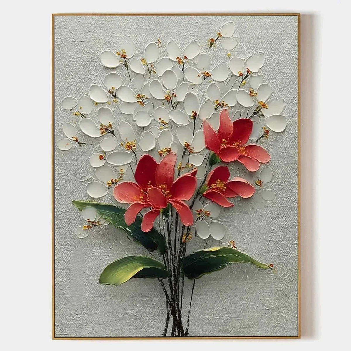 White Blossoms Red 3D Textured Painting