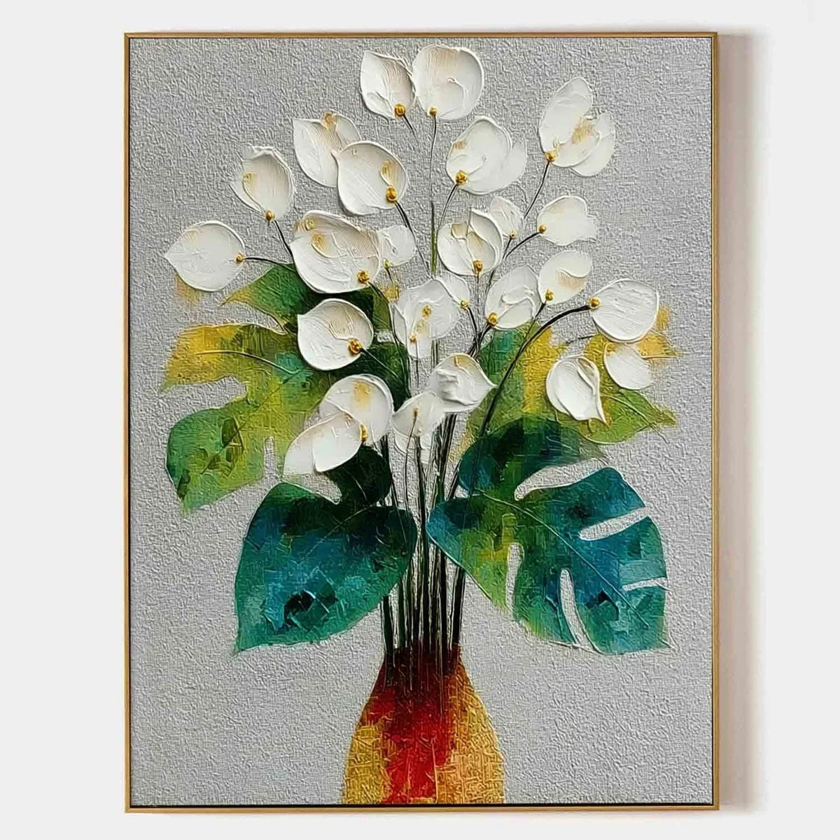 White Calla Lily Monstera Impasto Painting