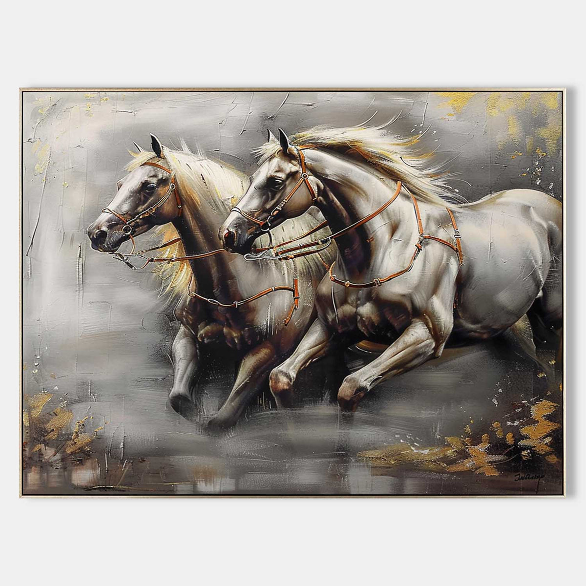 Dual Galloping Horses Oil Painting Textured Framed