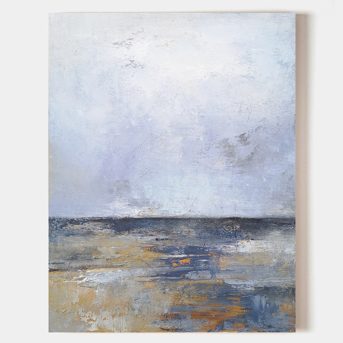 Blue‑Gold‑Grey Vertical Seascape Horizon Impasto‑Textured Artwork