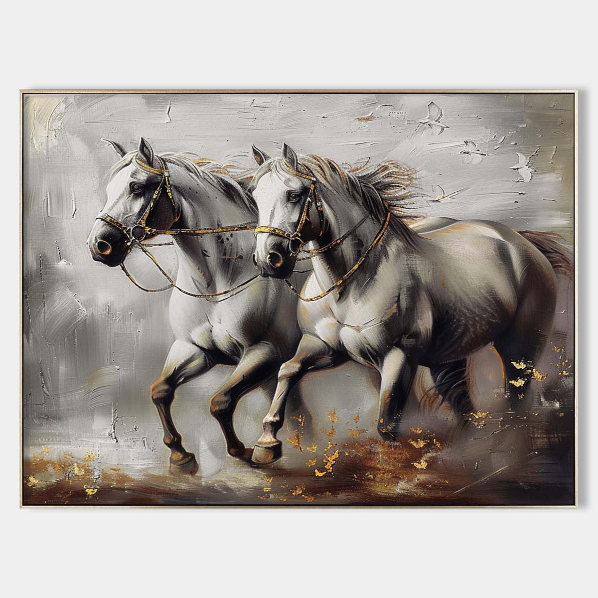 Dual White Horse Oil Painting Motion & Gold Elegant