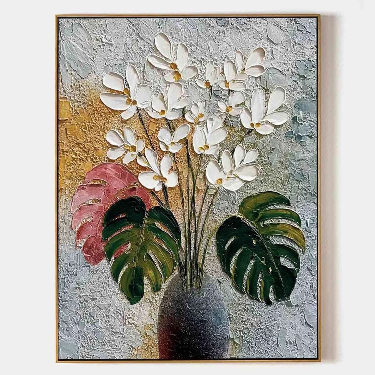 White Blossoms Monstera Impasto Painting