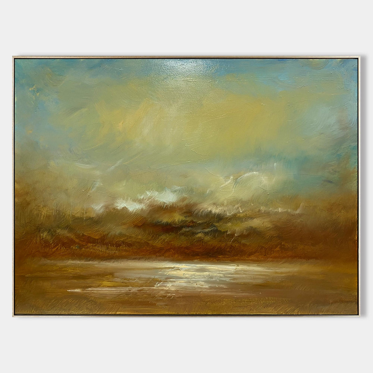 Abstract Teal Gold Coastal Sunset Landscape Oil Acrylic Linen Canvas Painting