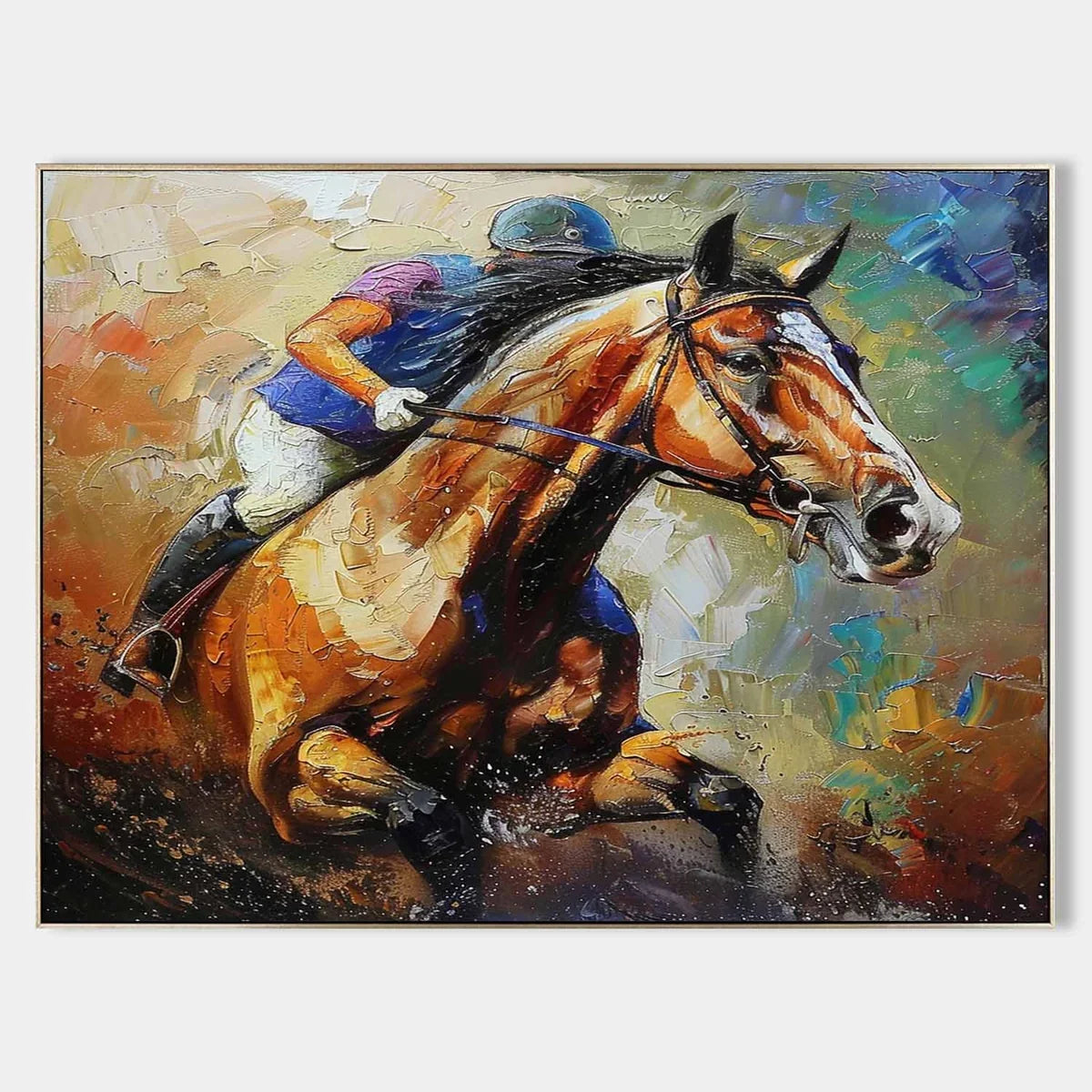 Impasto Equestrian Oil Painting Dynamic Racing Scene