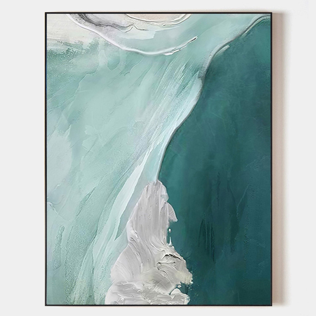 Abstract Teal White Fluid Coastal Waves Oil Acrylic Linen Canvas Painting