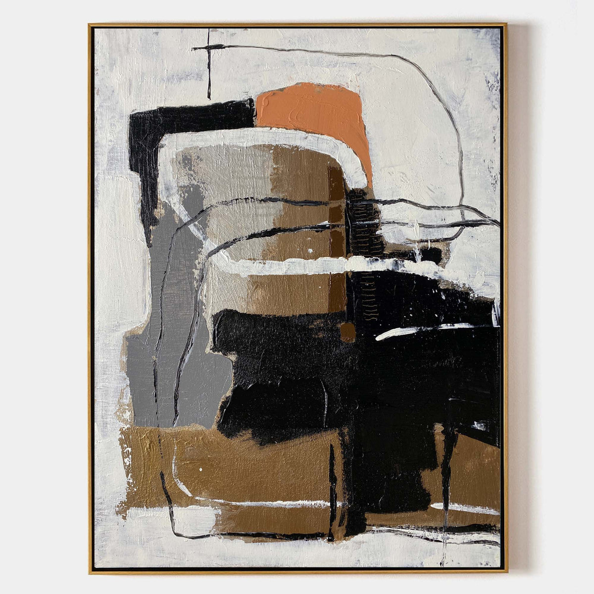 Wabi-Sabi Neutral Abstract Oil Painting with Orange