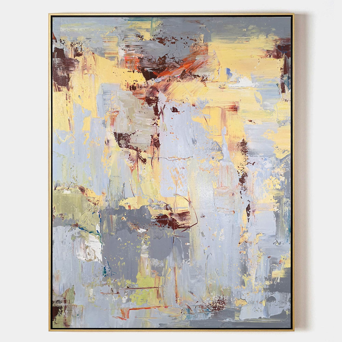 Yellow‑Grey‑Red Vertical Abstract  Thick Impasto‑Layer Texture Artwork
