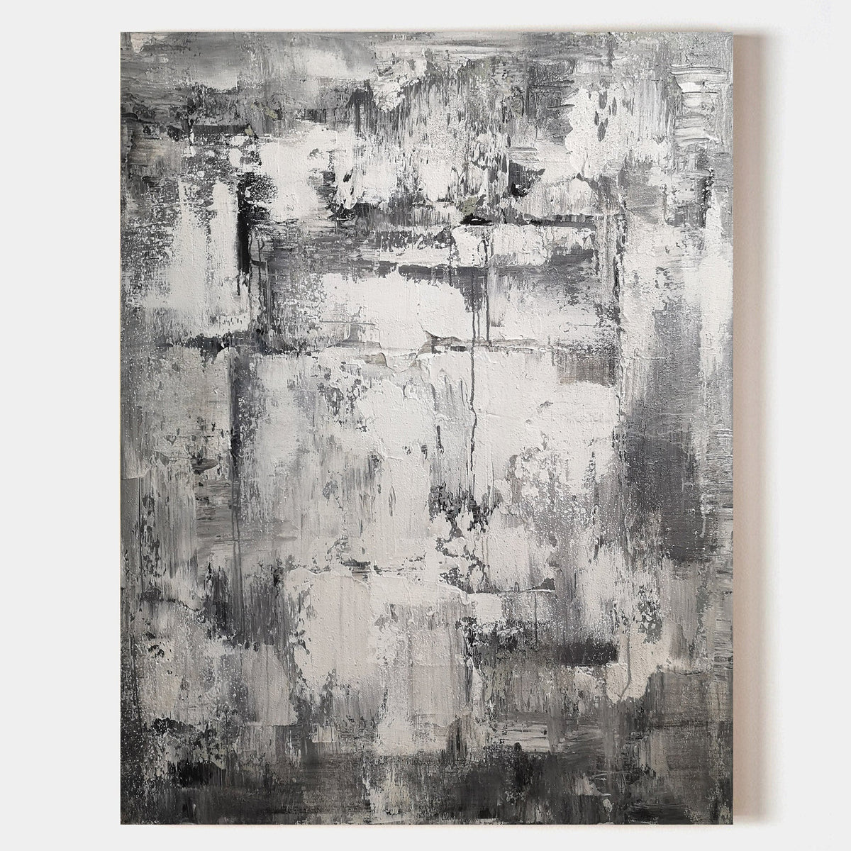 Black‑White‑Grey Vertical Abstract Rugged Impasto‑Textured Artwork