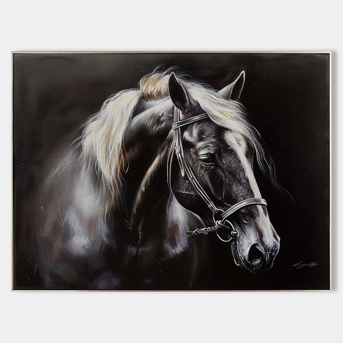 Tactile Dramatic Horse Portrait Oil Painting Monochrome