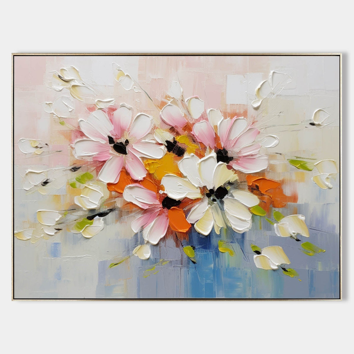 Tactile Impasto Floral Oil Painting Pink Orange Blooms