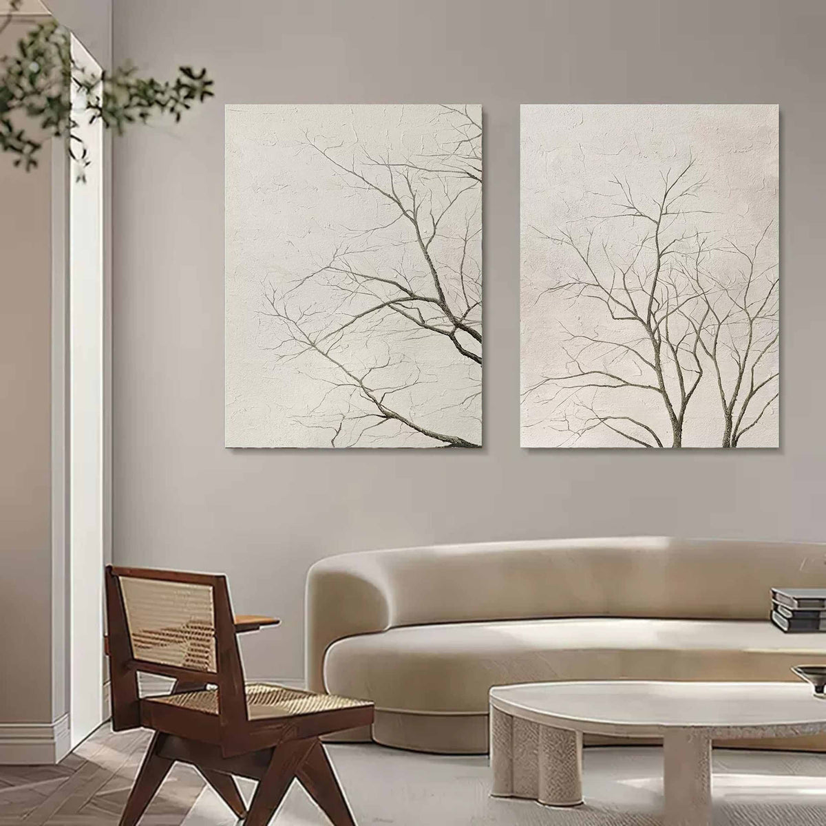 Set Of 2 Neutral Bare Tree Diptych Painting Textured