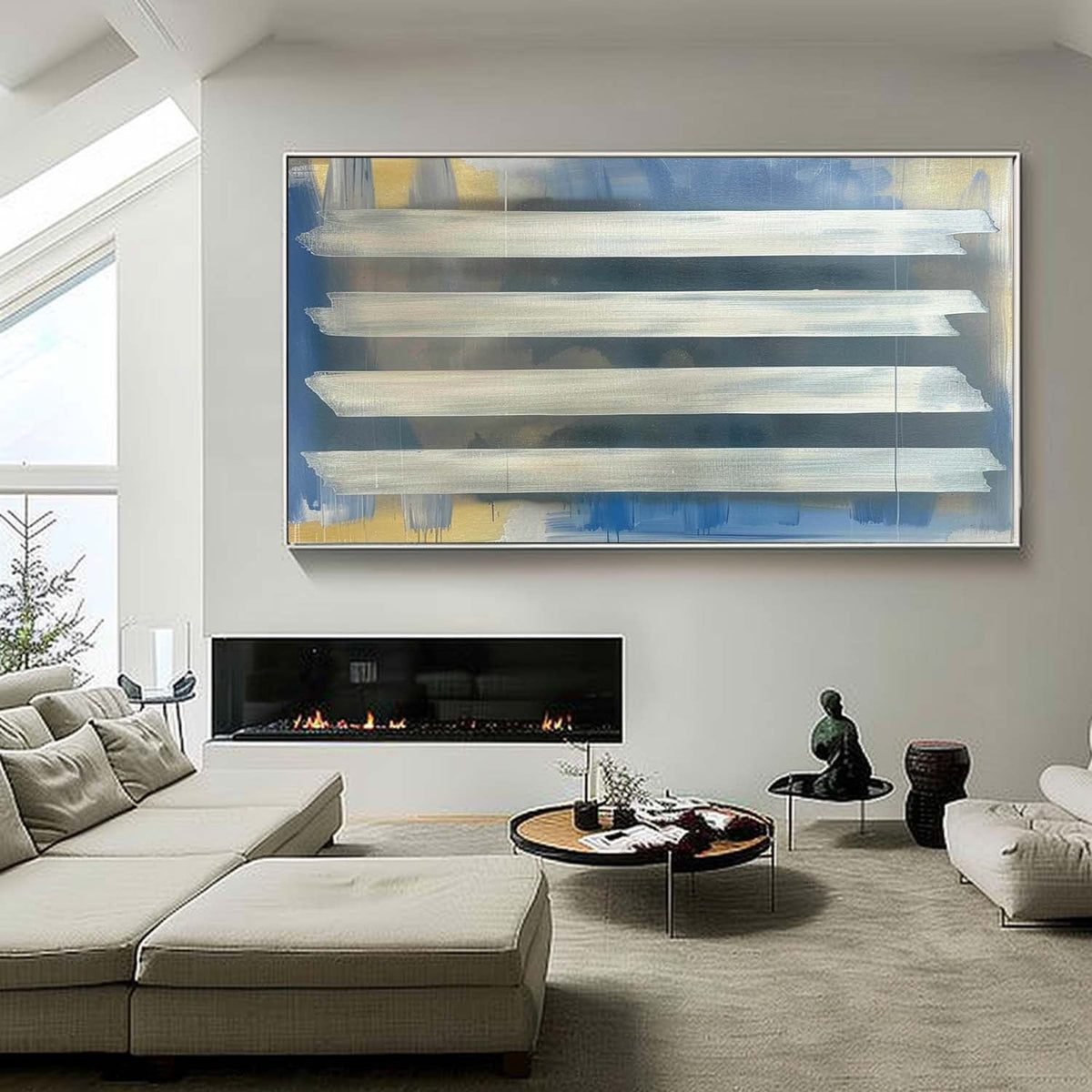 Silver Stripes Abstract Oil Painting Blue Gold