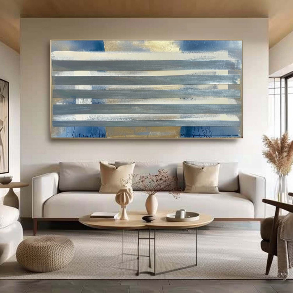 Gray Stripes Abstract Oil Painting Blue Gold Framed