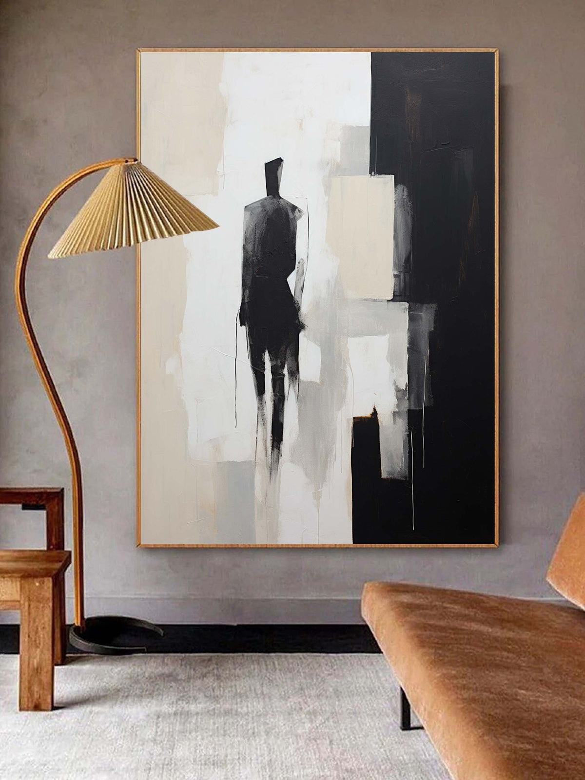 Minimalist Solitary Figure Oil Painting Black Beige Wall Art